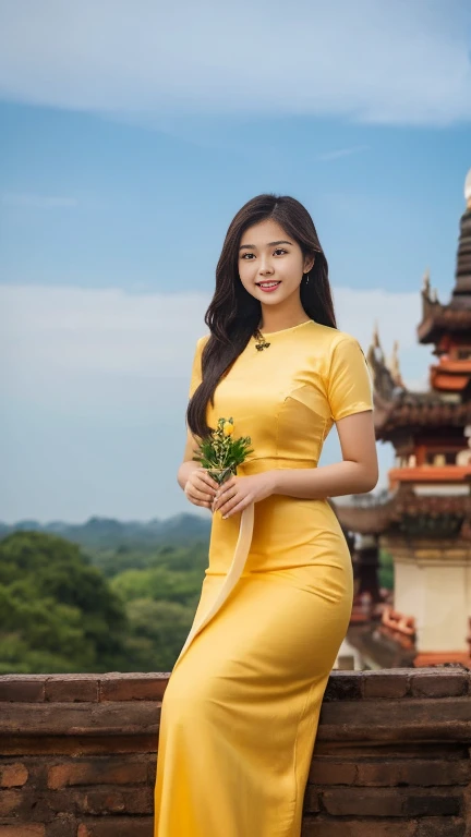 Beautiful and elegant, young Burmese woman, 20 years old, smiling face, happy eyes, pleasant smile, curvy body, not short, not tall, beautiful Burmese dress, long hair, fair skin, high hips, world record-breaking Pagoda pagodas as a natural background, hig...