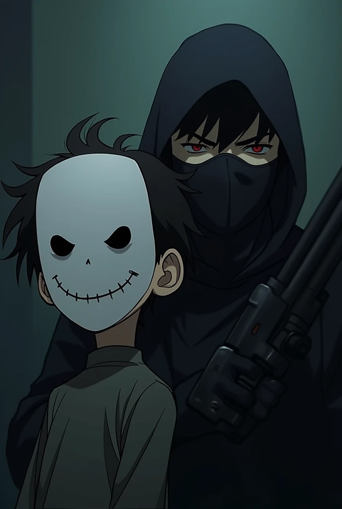 Anime boy white mask with smiling face and black sniper wtih suit black