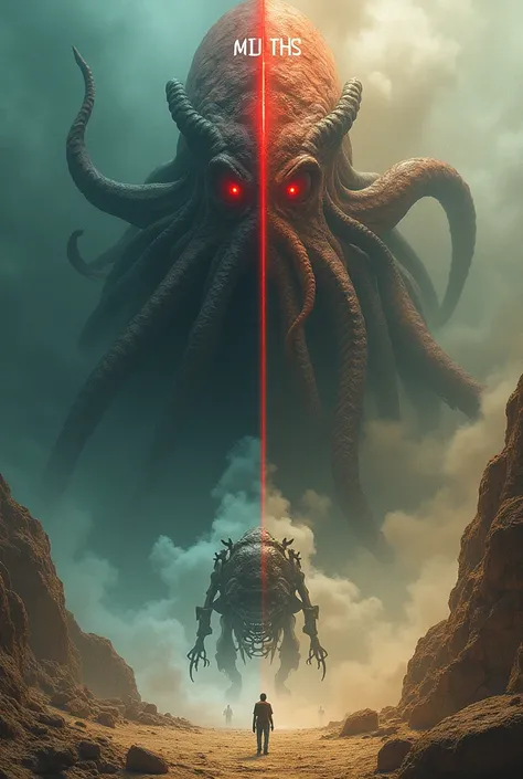 "Create a split-screen artwork that contrasts mythology and reality. On the left side, depict a colossal mythical sea creature with glowing red eyes, resembling a blend of octopus and monster, emerging from misty waters in a dark, stormy setting. On the ri...