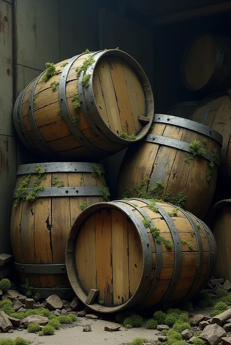 Old and dirty wooden barrels