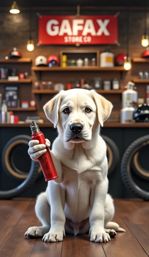 "A highly detailed, hyper-realistic image of a white Labrador puppy with a determined and focused expression, holding a small red lighter in one paw and a propane gas cylinder (pipa de gas) in the other. The puppy is seated confidently in the middle of a m...