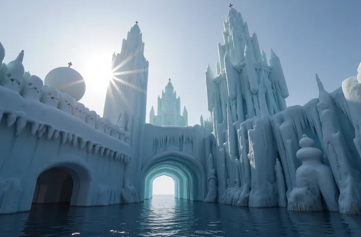  Photorealistic professional movie, movie scene ,  the majestic Ice Palace sparkling under the rays of the winter sun,  magical fantastic architecture , creating a grand spectacle .  Majestic ice walls ,  sparkling towers ,  crystal bridges , ice figures ,...