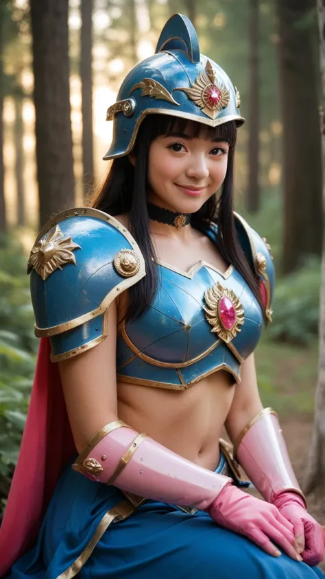 real life shoot. chichi, 1girl, solo, black eyes, black hair, long hair, blunt bangs,
bikini armor, armor, choker, shoulder armor, shoulder pads, helmet, cape, pink gloves, blue armor, pink headwear, blue shoulderwear,
smile,closed mouth,cowboy shot, sitti...