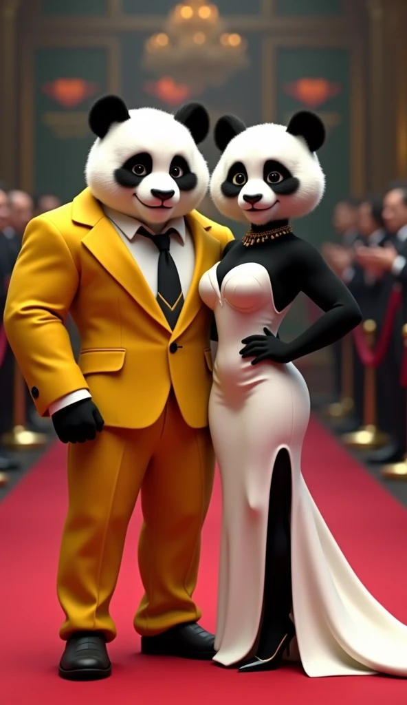 "A highly detailed anthropomorphic panda couple attending a luxurious red-carpet event. The male panda is muscular and confident, wearing a tailored yellow suit with a black tie and pocket square. The female panda is elegant and poised, dressed in a sleek ...