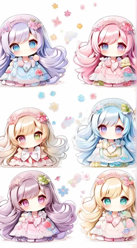 （（a sticker：1.5）））， （（chibi character））， （white backgrounid）， fluffly， Girl vs， Floral floral dress，  full body Esbian， pastel-colored hair， Pastel colors hair， fairytale-like，  Fringed skirt design， tmasterpiece， best qualtiy，Shining eyes、Cute Baby Turtle...