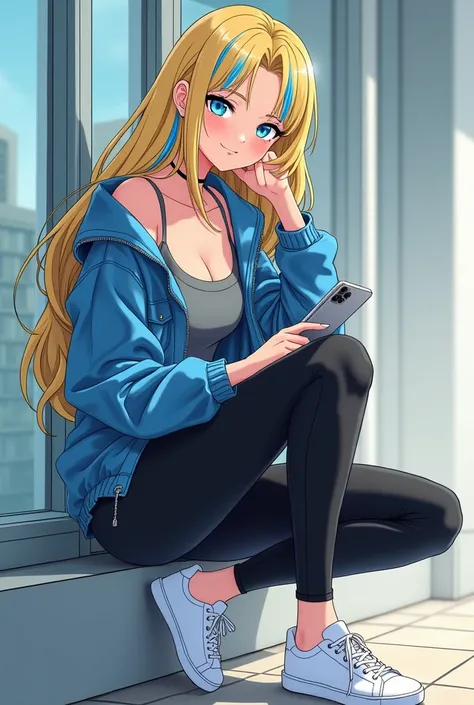 Best quality, masterpiece, anime, 27-year-old woman, Gen-Z, a Zoomer, blonde hair with blue streaks, blue eyes. ((Wearing: blue jacket, gray crop-top, black leggings, white sneakers)). Shes holding an I-Phone in one hand. Shes smiling
