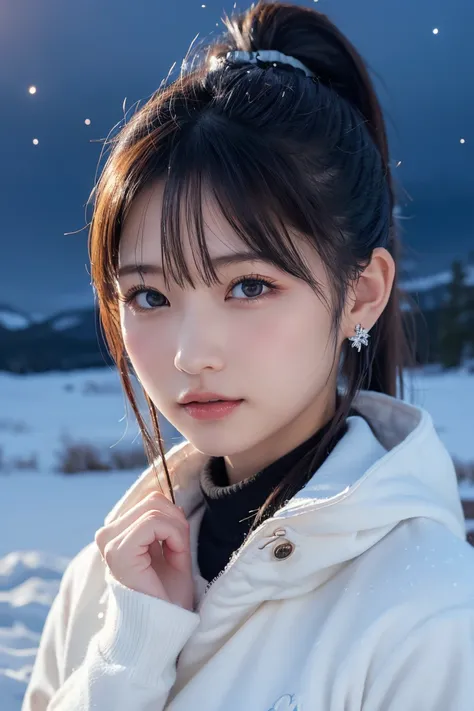 1 girl, (winter clothes:1.2), beautiful japanese actress, 
photogenic, Yukihime, long eyelashes, snowflake earrings,
(Raw photo, best quality), (Reality, photorealistic:1.4), (muste piece), 
beautiful detailed eyes, beautiful detailed lips, highly detailed...