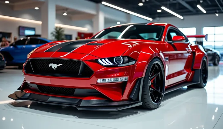 Close straight back view of painted gleamy Race Red with shiny clour 2026 Ford mustang Boos 429 in large shape sedan in large size with Ford mustang logo on its large detailed grille in shiny white clour with angular sporty design captured from close strai...