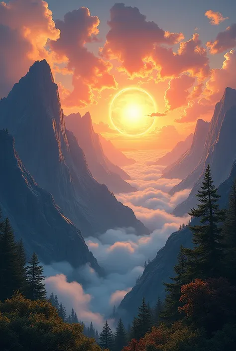 there are 2 mountains and the sun in the middle, a circle of clouds around the sun, practical, photopractical, detailed foliage, swirly vibrant color, picturesque, idyllic, work of art, best qualityer, 8k, extremely detailed