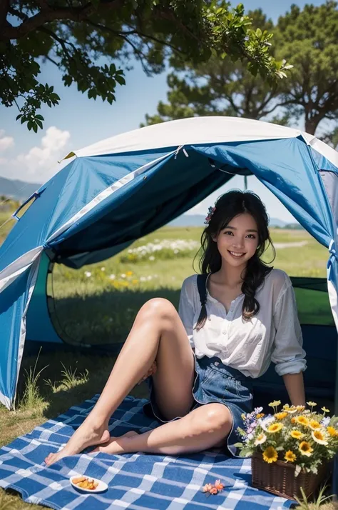 ((Super sweet smile)), a girl, sitting on picnic mat, camping tent, picnic, field style, blue sky, photo shoot, full of flowers