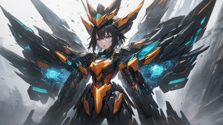 best quality, ultla-detailed, masterpiece, finely details, highres, beautiful detailed eyes, highly detauled skin, solo, 1girl, fullbody shot, perfect girl face, black hair, serious, open mouth, mecha armer girl, robo wings, transformation, right hand cano...