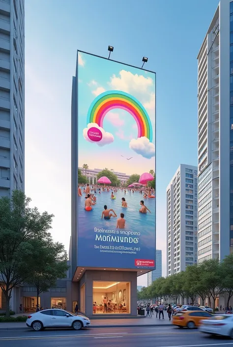  Create a billboard about a shopping mall for ren called Minimundo, The logo is a rainbow of pastel colors and is located in the city of Maracaibo  