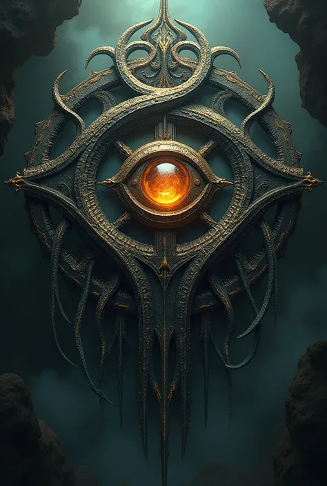 An emblem of a sacred symbol in the shape of an eye surrounded by tentacles 