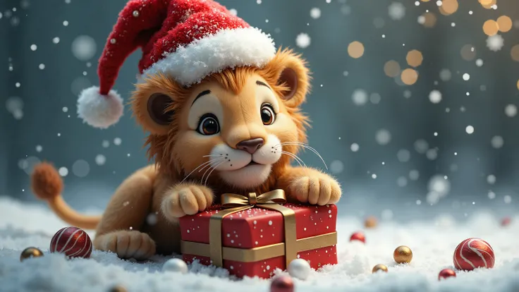 Lion wearing a Christmas hat，There are many kinds of animals ， realistic style ，Snow，Gift Box，candy，“Merry Christmas” 