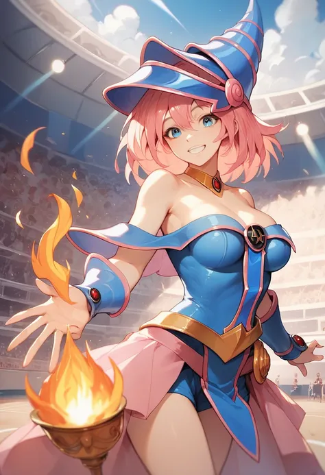 8K,best quality,masterpiece,pink hair, short Bob cut,aquatic shiny Blue eyes,1girl, solo,a magician girl, wearing a hat,long manteau,fire on her hand,Smile, in Colosseum,a crowd,standing ovation