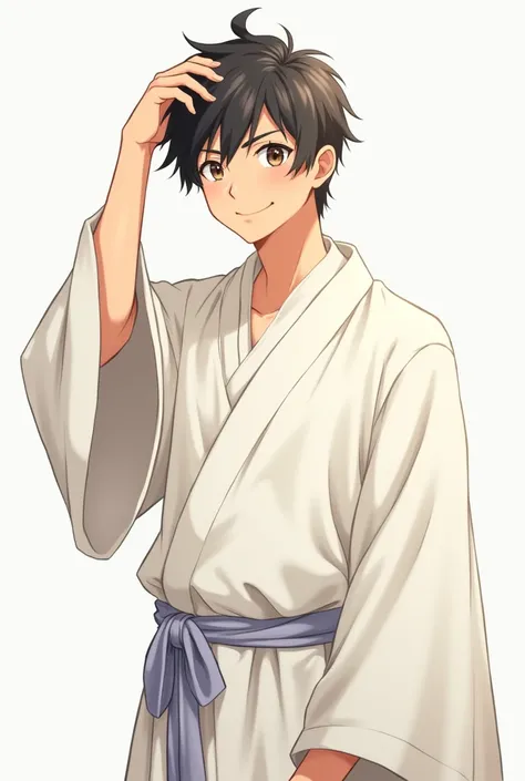 man in white robe smiling with hand close to his head. anime version 