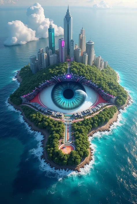 Create an eye shaped big city, that is surrounded by water and is colorful