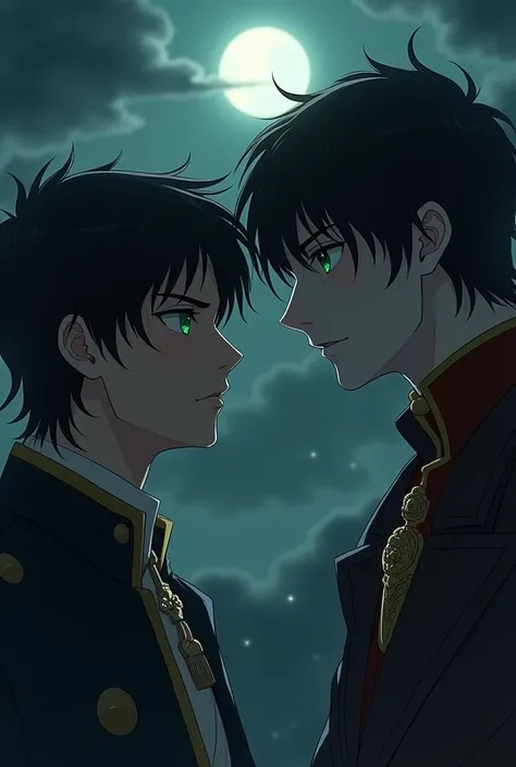 A couple of men, a prince and a dark-haired man with green eyes at night 