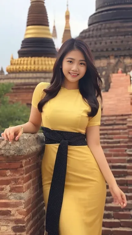 Beautiful and elegant, young Burmese woman, 20 years old, smiling face, happy eyes, pleasant smile, curvy body, not short, not tall, beautiful Burmese dress, long hair, fair skin, high hips, world record-breaking Pagoda pagodas as a natural background, hig...