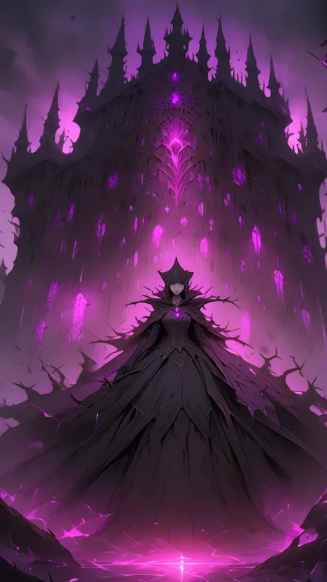 Hyper-detailed nano-textured dark fantasy castle in 8K resolution, showcasing intricate stone patterns and vibrant, ominous colors. The scene features a powerful sorceress standing in front of a dark, foreboding castle, surrounded by twisted trees and glow...