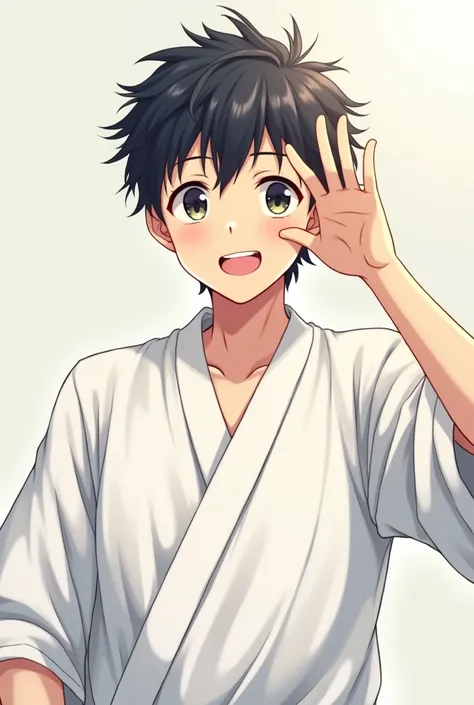 man in white robe smiling with hand close to his head. anime version 