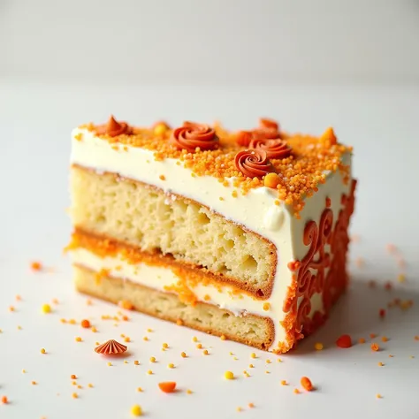 Portion of cake with a light Halloween theme on a white background.  warm colors 