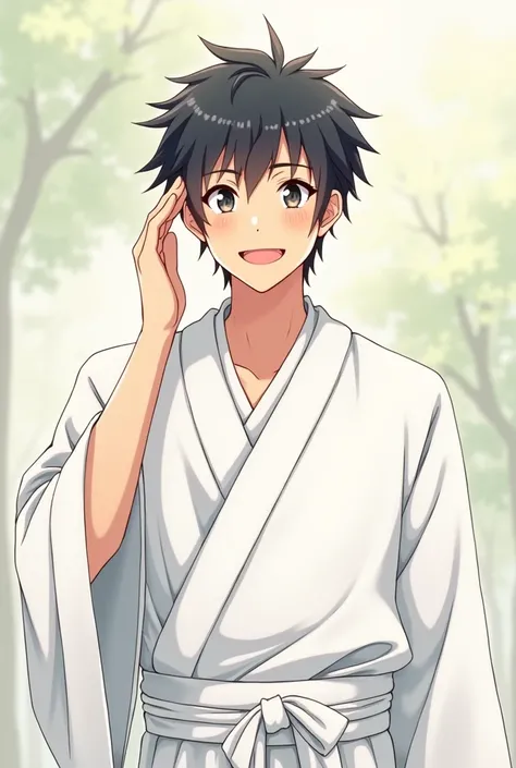 man in white robe smiling with hand close to his head. anime version 