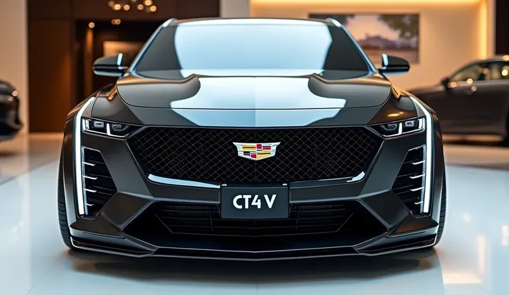 Close front view of painted black with shiny clour 2025 Cadillac CT4 v sleek in large shape   2025 Cadillac CT4 v in large size with  2025 Cadillac CT4 v logo on its large detailed grille in shiny black clour with angular sporty design captured from close ...