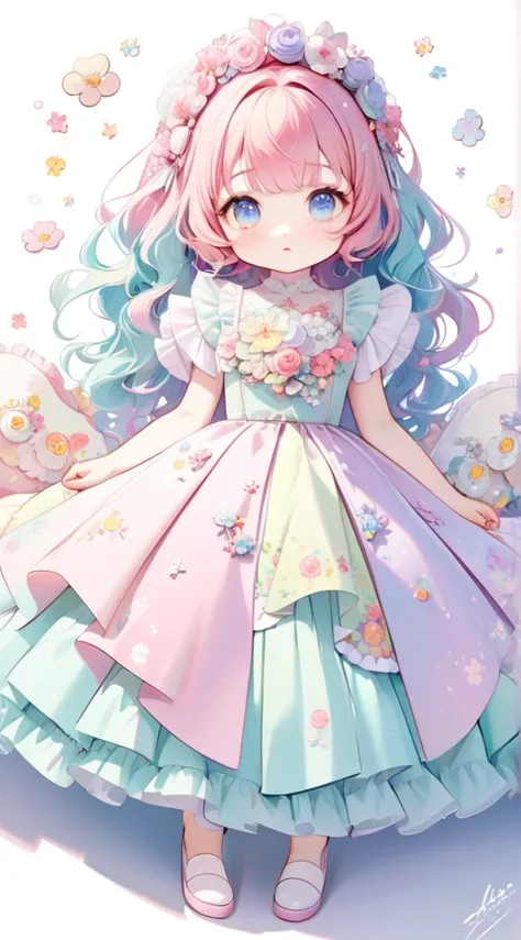 （（a sticker：1.5）））， （white backgrounid）， fluffly， Girl vs， Floral floral dress，  full body Esbian， pastel-colored hair， Pastel colors hair， fairytale-like，  Fringed skirt design， tmasterpiece， best qualtiy，Shining eyes、Cute Baby Turtle!!tchibi!!!,