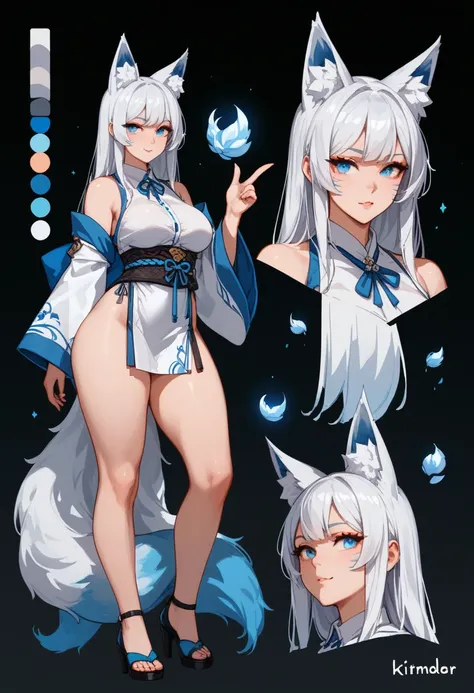 Defined female body, thick thighs, create the outfit that matches, long white hair, but with a gradient color of blue and purple at the ends, blue eyes. She has white fox ears and tail, but with blue at the tips.  (character sheet), (multiple views). (KITS...