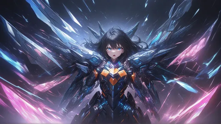 best quality, ultla-detailed, masterpiece, finely details, highres, beautiful detailed eyes, highly detauled skin, solo, 1girl, fullbody shot, perfect girl face, black hair, serious, open mouth, mecha armer girl, robo wings, magic effect, transformation, D...