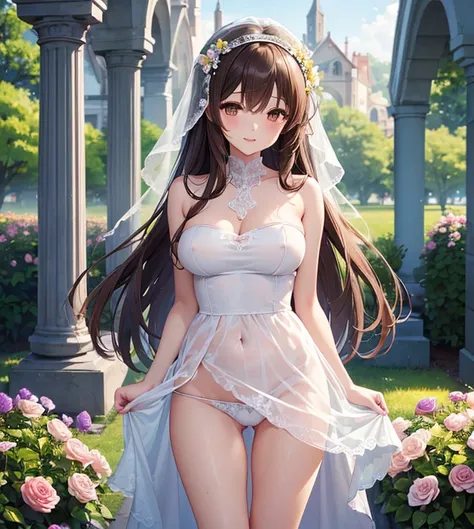 NSFW, (Wonderful and exquisite Yuuki Mikan),  Brown Eyes ,  long brown hair ,, （ transparent short veil ：1.5）, Alone, Very delicate, Straight face,  incomparably beautiful girl with excellent estimates,  soft, (Functional), (Naughty), (Cute), Delicate face...