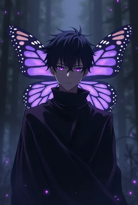 Anime man with 3 monarch shadow in hes back dark purple with glowing dark purple in hes eyes