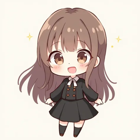 Chibi、anime、 1 girl 、whole body、 long hair、forehead、Brown Hair、 black long sleeve dress、smile