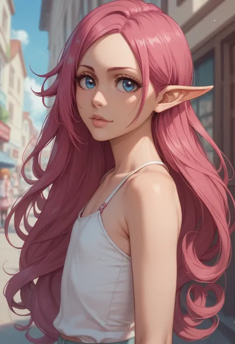 Orihime Inoue (Bleach) with very long magenta hair, elf ears and large navy blue eyes. Loli flat chest with casual outfit.