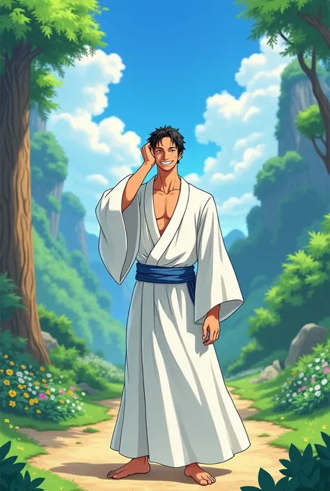 man in white robe smiling with hand close to his head. estilo do anime One piece