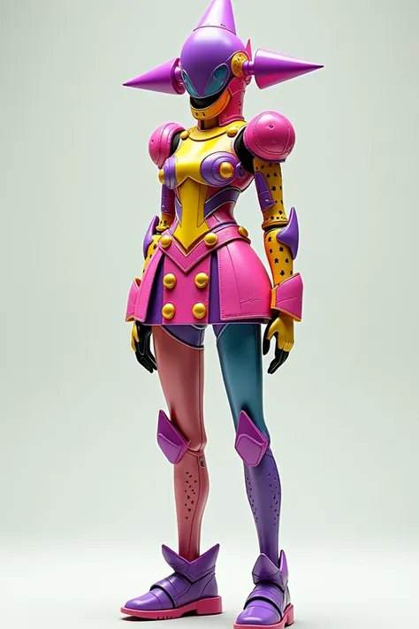  The image portrays a figure with a futuristic and daring aesthetic .  The costume presents a combination of vibrant colors , like a rose, yellow, purple and blue,  that stand out in a geometric design filled with circular elements distributed throughout t...