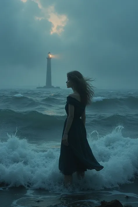 Woman looks back in choppy seawater with lighthouse among clouds shining in the background