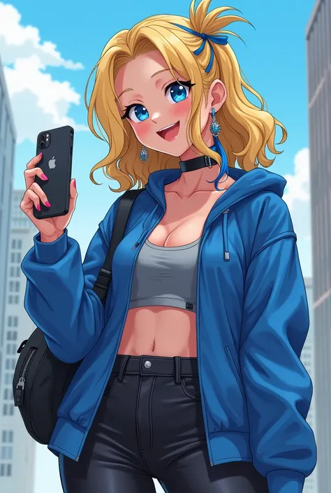 Best quality, masterpiece, anime, 27-year-old woman, Gen-Z, a Zoomer, blonde hair with blue streaks in it, blue eyes. ((Wearing: blue jacket, gray crop-top, black leggings, white sneakers)). Shes holding an I-Phone in one hand, shes taking selfies of herse...