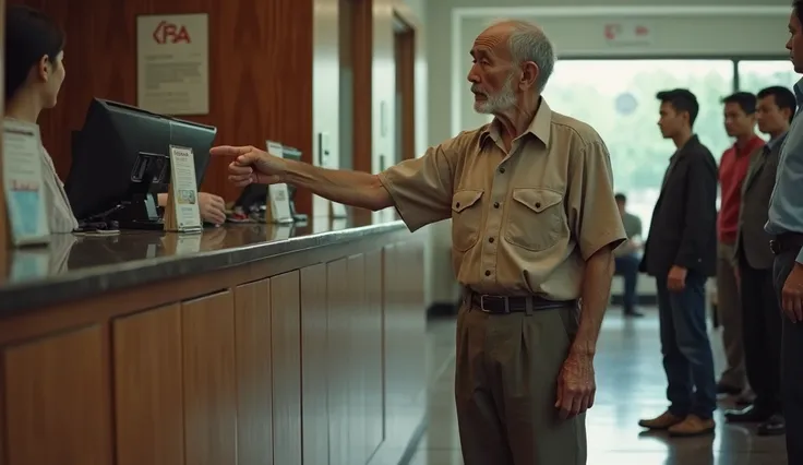 Image of a 70 year old Vietnamese man standing next to the counter in a bank. He wears simple, old clothes and old sandals. His face is sad and worried. Opposite the counter is a girl about 30 years old pointing at the old man, inviting him to the door wit...