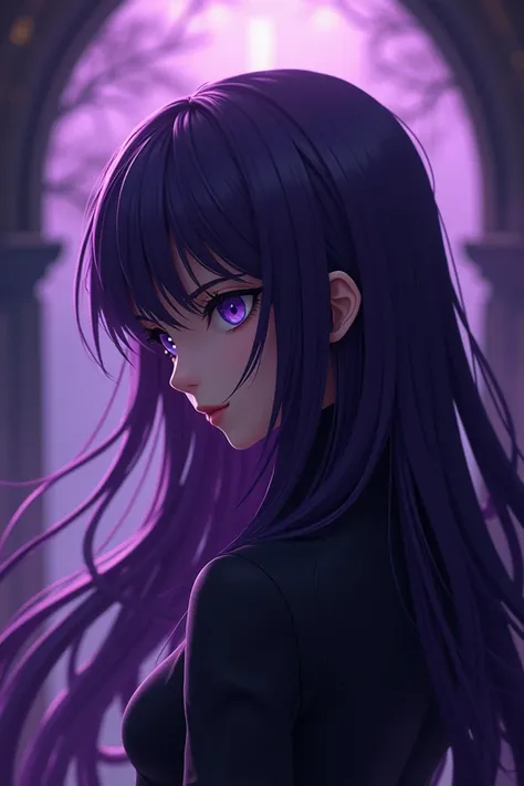 Create like anime 3d cartoon, purple, dark, gohtic, side angle of face, long hair, mix purple, with eternal theme