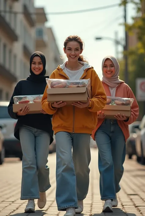 one beautiful thin russia lady with perfect smile then a modern on black hijabi pair with baggy jeans and baggy polo long sleeve shirt on the way to send a plastic foods that order by her customers. she works  as a food delivery 
