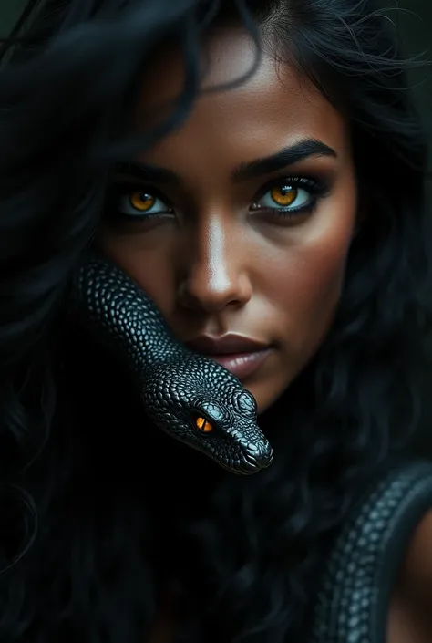 balck beautiful women only half face with black silky hairs and golden eyes but a black black  snake with golden eyes and no tongue of snake prominent it crawl in front of her cheeks and eyes 