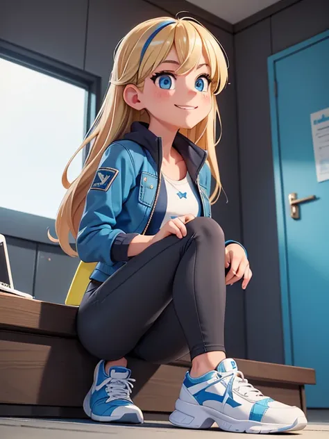 (masterpiece:1.2), best quality, high resolution, unity 8k wallpaper, (illustration:0.8), 1 girl, solo, 27-year-old woman, Gen-Z, a Zoomer, blonde hair with blue streaks in it, blue eyes. ((Wearing: blue jacket, gray crop-top, black leggings, white sneaker...