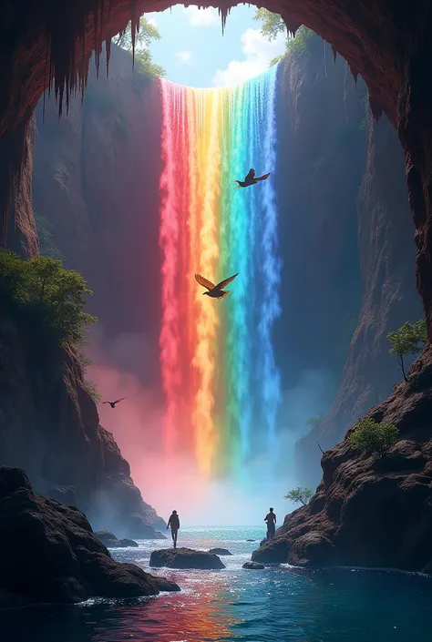 Guacharo cave with rainbow waterfall in the colors of the Venezuelan flag 