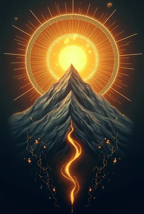 An emblem of a sacred symbol in the shape of a sun rising over a mountain 