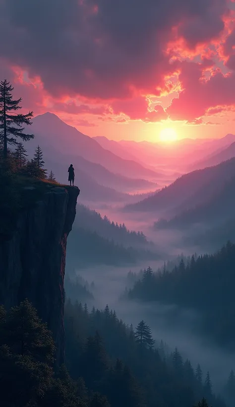 A wide-angle digital illustration that immerses the viewer in a breathtaking and epic setting, with the subject placed farther away to emphasize the vast, dramatic landscape around her. The scene takes place at the edge of a cliff overlooking a vast, mist-...