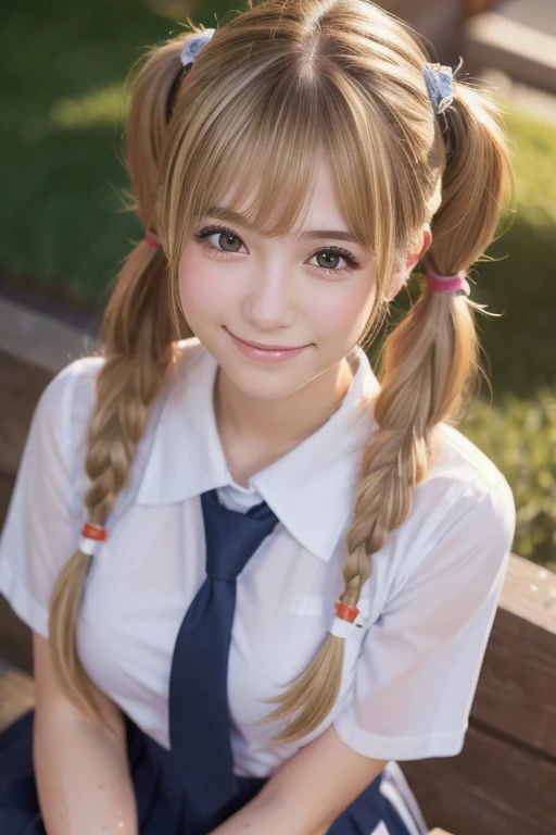 (8k), ( top quality: 1.2), ( realistic ), ( photorealistic : 1.37),  Ultra High Definition,  1 girl, cute, smile,  closed mouth ,  blonde twin tails , Beautiful Nose, whole body,  wet hair , Giant Dalcefo, pork,  school uniform, Thighs  