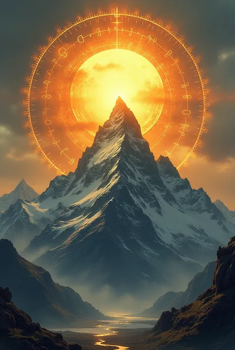 An emblem of a sacred symbol in the shape of a sun rising over a mountain 