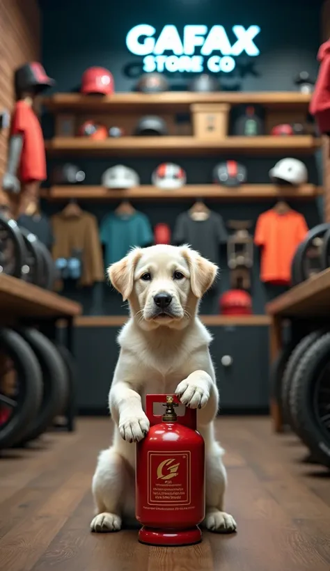 "A highly detailed, cinematic short video of a white Labrador puppy sitting confidently in the middle of a modern mountain biking store, gripping a small red lighter in one paw and a propane gas cylinder (pipa de gas) in the other. The camera pans smoothly...